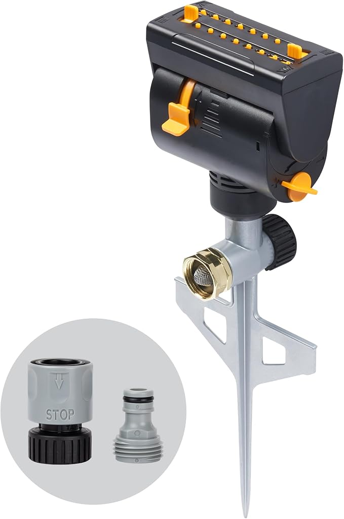 Melnor 65137AMZ MiniMax Turbo Oscillating Sprinkler on Step Spike, 4000 sq. ft., 4-Way Adjustable, Quick Connect Bundle, Yellow