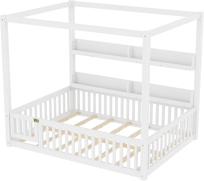 Bellemave Canopy Floor Bed Full Size with Safety Fence and Bookcase,Built in Four Poster Design,Full Montessori Floor Bed Frame for Toddlers,Kids,Boys,Girls,No Spring Box Needed（Full,White）