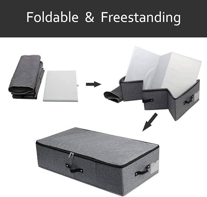 AMJ Foldable Under Bed Storage Basket Container [2 Pack] with Durable Fabric for Clothes, Shoes,Toys, Blanket, Comforter Organizers Bins, Black Grey