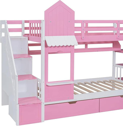 MERITLINE Twin Over Twin Castle Bunk Bed with Slide,Stairs and Drawers,Solid Wood Floor House Princess Bunk Bed with Storage Shelves (Pink)