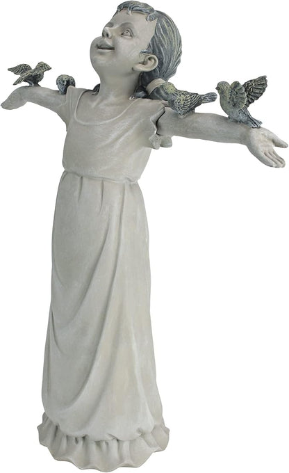 Design Toscano Basking in Glory Little Girl with Birds Outdoor Garden Statue, Medium, 16 inches tall, Cast Stone Resin, Two Tone Stone Finish
