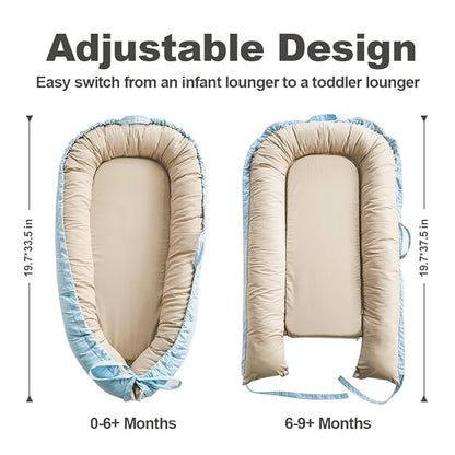 Baby Lounger, Baby Nest Cover for Baby, Reversible & Breathable Cotton, Adjustable Baby Floor Seat for Tummy Time, Portable Infant Lounger, Essentials for Newborns (Blue)