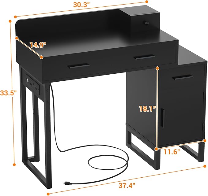 Vanity Desk with 4 Storage Drawers - Modern Makeup Vanity Table with Charging Station, Black Vanity Desk with Reversible Cabinet Dressing Table Set with Divided Organizers for Women Girls, Black