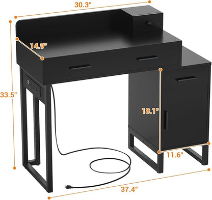 Vanity Desk with 4 Storage Drawers - Modern Makeup Vanity Table with Charging Station, Black Vanity Desk with Reversible Cabinet Dressing Table Set with Divided Organizers for Women Girls, Black
