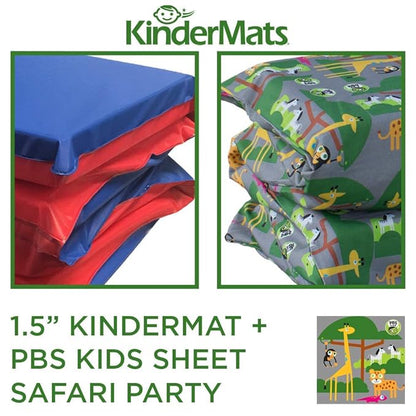 KinderMat 1.5" Thick + PBS Kids KinderBundle - Washable Cover, Special Edition - Safari Party - Regular, Sheet is 47" x 22", Value Bundle Great for Daycare & Family Households,