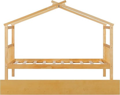 Harper & Bright Designs Twin House Bed for Kids, Wood Platform Bed with Trundle, Montessori Bed with Roof, Playhouse Trundle Beds for Kids,Teens, Bedroom, Natural