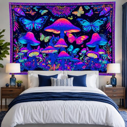 Blacklight Tapestry Butterfly Neon Decor 78 x 59 Inch