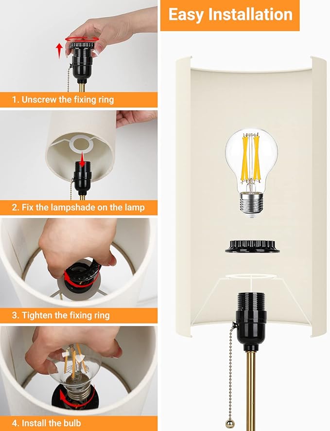 Bedside Table Lamp with Marble Base: Pull Chain Switch 3-Way Dimmable | Linen