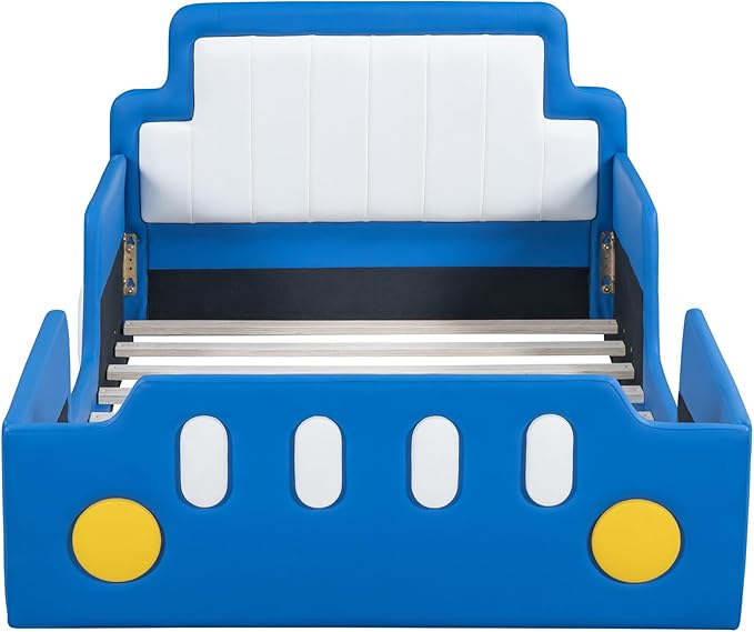 Merax Twin Race Car Platform Bed with Wheels,PU Leather Car Bed Frame for Boys Twin Size,Kids Bed Frame with Headboard,Fits Standard Twin Mattress(No Mattress)