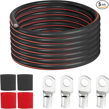 2 Gauge Battery Power Cable (Black, 12 Feet) - 2 AWG Automotive Welding Wire with M8 & M10 SC Lugs for Car, Camper, RV, Solar Low Voltage Wiring - Copper Clad Aluminum