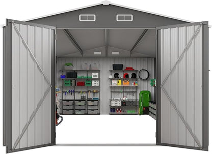 10x14 FT Large Outdoor Storage Shed,Durable Metal Garden Shed with Three Lockable Doors and Two Windows,Waterproof Tool Shed for Backyard Patio,All-Weather Shelter for Bike,Lawn Mowers,Grey