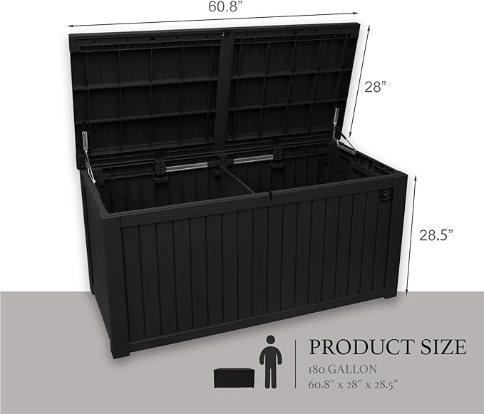 AJP Distributors 180 Gallon Outdoor Storage Box, Rain Waterproof Resin Deck Box, Lockable Large Storage Container for Patio Furniture, Cushions, Garden Tools, Sports Equipment and Pool Supplies Black