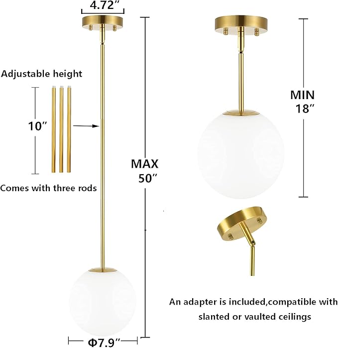 Modern Globe Pendant Light 1-Light Mid Century Chandelier Large 7.87” White