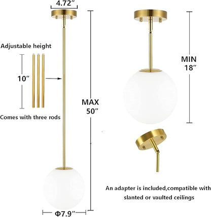 Modern Globe Pendant Light 1-Light Mid Century Chandelier Large 7.87” White