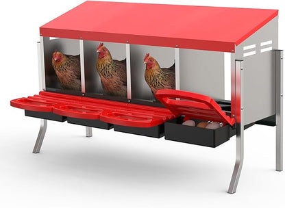Chicken Nesting Box 4 Hole, Galvanized Steel Nest with Roll Away Egg Collection & Swing Perch, Easy-Clean Laying Box for Hens, Heavy Duty Design for Chicken Coop
