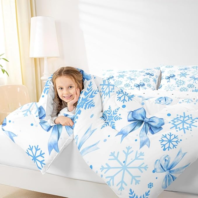 Lovely Bowknot Kids Bedding Set King Size,Dreamy Bowknot Dots Snowflake Comforter Set,Winter Merry Christmas Girly Quilt Comforter,Blue White Bedroom Duvet Insert,2 Pillowcases