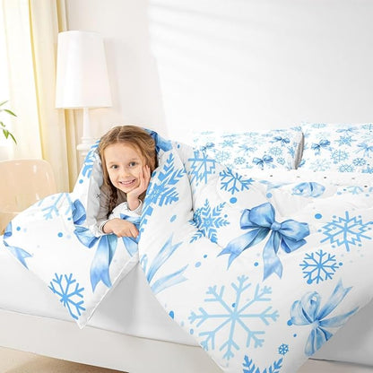 Lovely Bowknot Kids Bedding Set King Size,Dreamy Bowknot Dots Snowflake Comforter Set,Winter Merry Christmas Girly Quilt Comforter,Blue White Bedroom Duvet Insert,2 Pillowcases