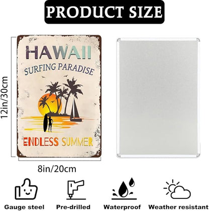 Hawaii Surfing Paradise Endless Summer Vintage Metal Sign,Summer Beach Decor Rustic Tin Signs Metal Poster for Garden Home Farm Bars Cafes Indoor Outdoor Decor 8x12 Inches