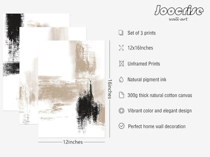 Joocrise Beige Abstract Wall Art Painting Set of 3 Neutral Canvas Wall Art Prints Black Beige Modern Wall Decor Minimalist Art Pictures Abstract Modern Artwork for Room Bedroom 12x16 Inch Unframed
