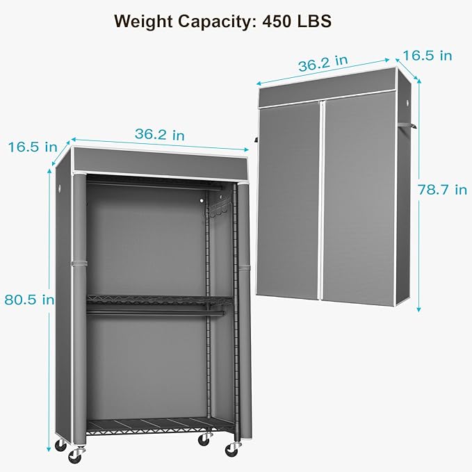 FUTASSI Black Clothing Rack with Dark Gray Cover, P1C Rolling Closets with Wheels, Metal Garment Rack for Hanging Clothes, Clothing Storage Wardrobe, 36.2" W x 16.5" D x 80.5" H, Load 450 Pounds