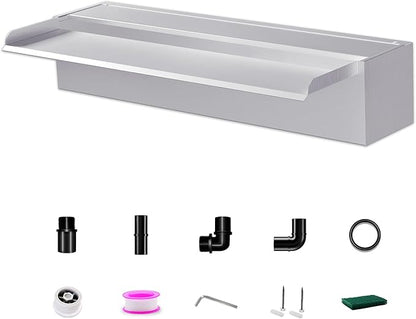 Waterfall Pool Fountain LONGRUNNEW 304 Stainless Steel 23.6" Rectangular Waterfall Spillway, Water Fall Fountain with Pipe Connector for Garden Outdoor, Swimming Pools, Fountains, Pond and Spa