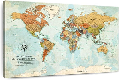 ElephantStock - Personalized Wanderer Push Pin World Map Wall Art - Horizontal Canvas Wall Art - Living Room Wall Decor - Digital Art Map Canvas Art - Orange And Blue Decor - 39" x 26"
