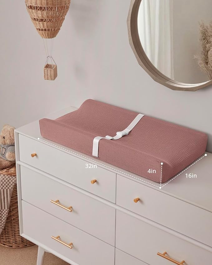 Blissful Diary Muslin Baby Changing Pad with Waterproof Lining Foam, Diaper Changing Table Pad with Cover for Dressers (Dusty Pink, Rectangular)
