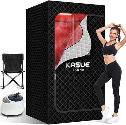 Infrared Sauna, Portable Steam Sauna Box with XL Steamer and Folding Chair, 5-Layer Waterproof and Thermal Insulation, for Home Spa, Detoxification, Relief Muscle Pain, Indoor & Outdoor(Dark Black)