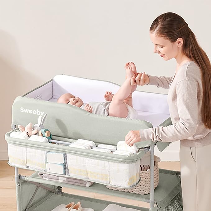Sweeby Portable Baby Changing Table, Foldable Changing Table Dresser Changing Station for Infant, Waterproof Diaper Changing Table Pad Topper, Mobile Nursery Organizer for Newborn Essentials,Green