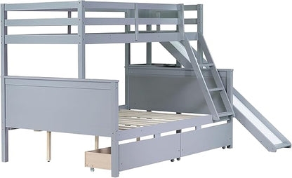 Twin Over Full Bunk Bed with 2 Drawers and Slide, Wood Bunk Bed Frame with Shelves and Ladder, Space Saving Design Bunk Bed for Kids Teens Boys Girls (Grey-x32c)
