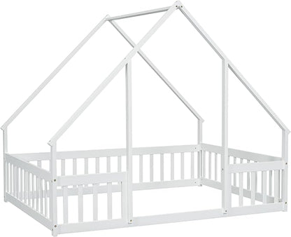 Bellemave Full Floor Bed for Kids, Girls, Boys, Wood House Bed Frame, House Floor Bed for Kids, Full Size Montessori Floor Bed with Fence, Playhouse, White