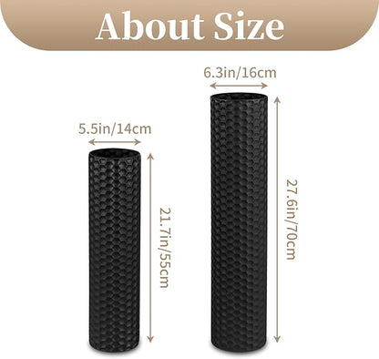 Sziqiqi Black Tall Floor Vase: 27.6/21.7in Metal Cylinder Vases Extra Large Decorative Vase Set of 2 Living Room Modern Honeycomb Texture Big Standing Decor for Dining Bedroom Home Corner Indoor