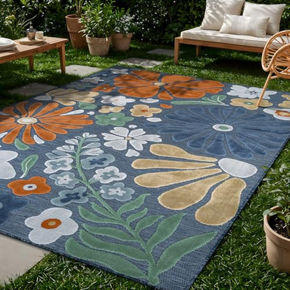 Outdoor Rug 10x14 Large Modern Floral Tropical Area Rugs for Outdoor and Indoor Patio Easy to Clean Non Shedding Living Room Porch Garden Washable Outside Carpet (140 Sq Ft)