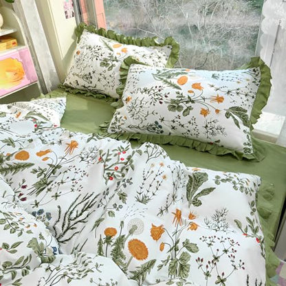 Green Floral Comforter Set King Romantic Ruffle Comforter Vintage Botanical Flowers Comforter with 2 Pillowcases Boho Floral Lace Coquette Bedding Fluffy Comfy Farmhouse King Bed Comforter Set