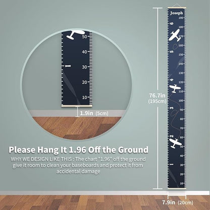 Personalized Growth Chart for Kids, Baby Height Chart with Custom Name, 77"x7.9" Canvas and Beige Wood Height Measuring Rulers for Boys Girls Removable Wall Ruler Hanging for Nursery Decor - Plane