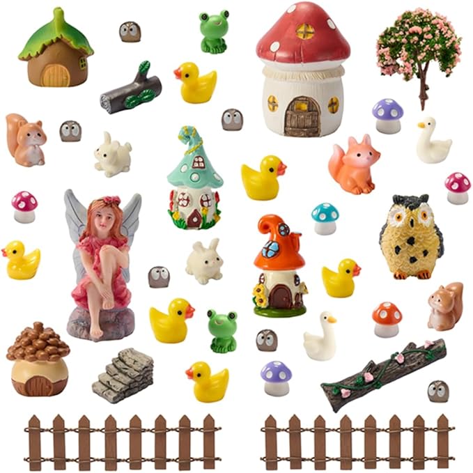 40Pcs Outdoor Miniature Fairy Garden Accessories Kit with Fairy House & Mini Resin Animals - Miniature Garden Decor Gifts for DIY Micro-Enthusiasts