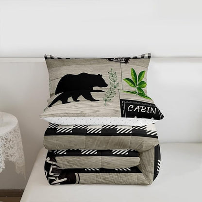 Bear Silhouette Kids Comforter Set Twin Size,Leaves Wooden Plank Bedding,Girls Boys Adults Bedroom/Xmas Cabin Decor,Geometric Grids Retro Down Comforter,Rustic Farmhouse Duvet Insert,1 Pillowcase