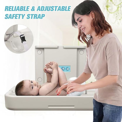 Fold-Down Baby Changing Station Wall-Mount - Modundry Horizontal Baby Change Table with Safety Straps for Commercial Restrooms (White Granite)