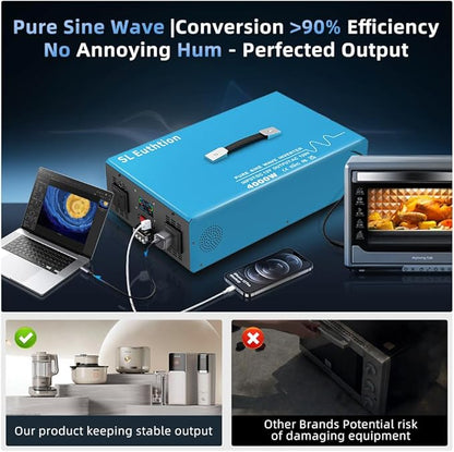 4000W Pure Sine Wave Power Inverter Voice Control AI Voice Assistant Support English 12V to 120V 60HZ with LCD Display, USB Port, for Car Home Laptop Truck