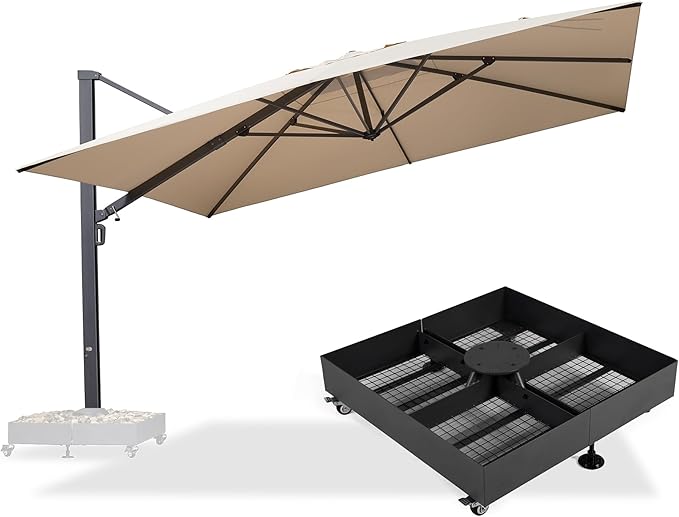 PURPLE LEAF 13 FT Square Patio Umbrella with Base Included Large Outdoor Aluminum Offset Umbrella with 360-degree Rotation Cantilever Umbrella for Garden Deck Backyard Pool Beige