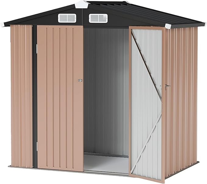 6x4 FT Outdoor Storage Shed, Metal Garden Tool Shed with Sloping Roof & Lockable Door for Patio Lawn Backyard (Brown)