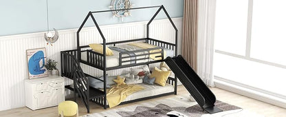 MERITLINE Metal Bunk Bed Twin Over Twin Bunk Bed Frame with Slide and Stairway,Twin Over House Bed with Guardrails