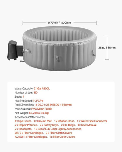 VEVOR Inflatable Hot Tub, 2 to 4 Person Capacity, 70.9 x 26 in Round Portable Outdoor Spa, with 110 Soothing Jets, Filter, Cover and Mat, Multi-Function Control Panel, PVC Outdoor Hot Tub, Grey