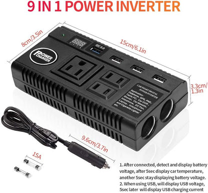 Car Power Inverter 120W 12V 24V DC to 110V AC 4 USB Ports Car Charger Adapter with 3 AC Outlets Dual Cigarette Lighter, Digital LED Display Quick Charging 3.0 for Phones Tablets PC Laptops (120W)