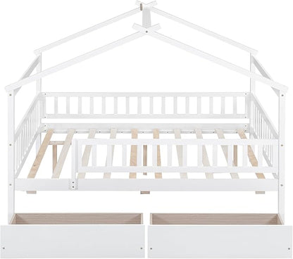 Full House Bed with 2 Storage Drawers, Kids Full Bed Frame with Rails and Roof, Tent Bed, Wooden Full Daybed, Full Montessori Bed for Kids Teens Girls & Boys, No Box Spring Needed (White)