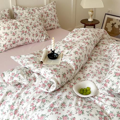 Vintage Flower Comforter Set Queen Girls Cute Pink Floral Bedding Comforter Lightweight Soft Cottagecore Bedding Set Botanical Rose Flowers Print Farmhouse Comforter with 2 Pillowcases