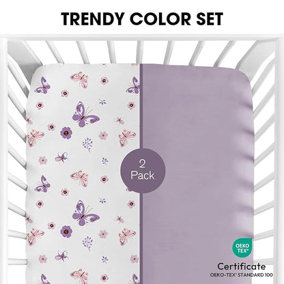 Little Grape Land Pack and Play Sheets Mini Crib Sheets Soft Breathable Pack N Play Sheets, Playard Fitted Sheet 2 Pack Stretchy Fits 38"x26" Playard Mattress, Purple Butterfly