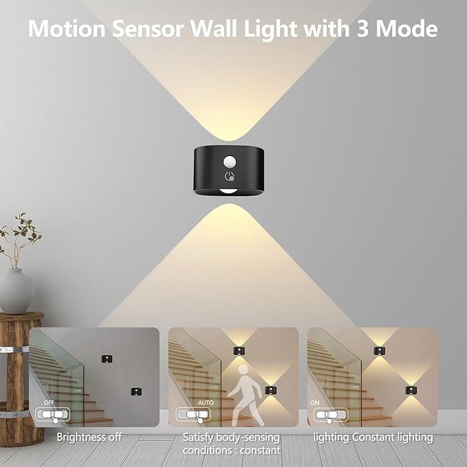 Motion Sensor Wall Sconces of 2PCS, Cordless Auto Motion Activated LED Wall