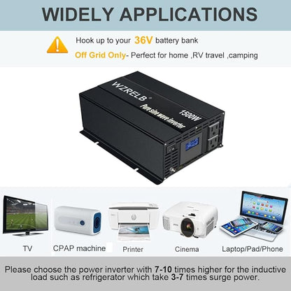 WZRELB 1500W Pure Sine Wave Inverter 36VDC to 120VAC Solar Power Converter Truck RV Home LCD Display