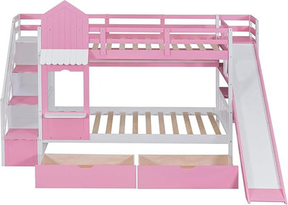 MERITLINE Twin Over Twin Castle Bunk Bed with Slide,Stairs and Drawers,Solid Wood Floor House Princess Bunk Bed with Storage Shelves (Pink)